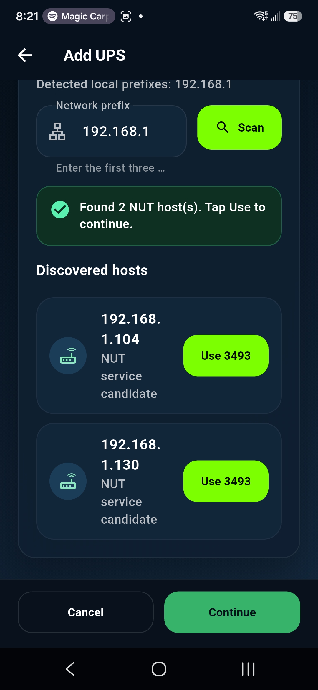 UPSLink showing a detected Network UPS Tools server ready for selection